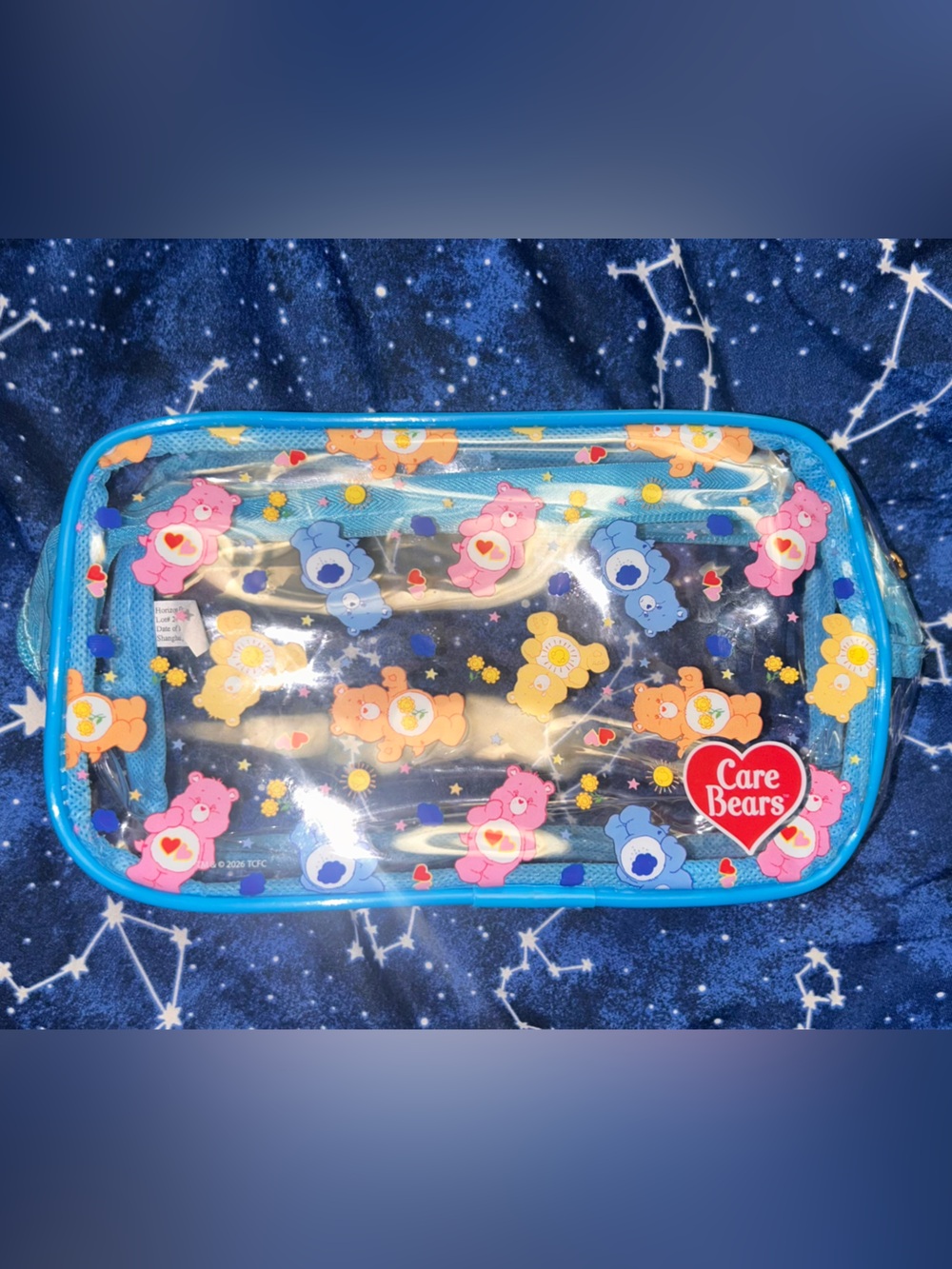 Care Bears Blue Clear Vinyl Pouch with Pink Yellow Orange and Blue Bears